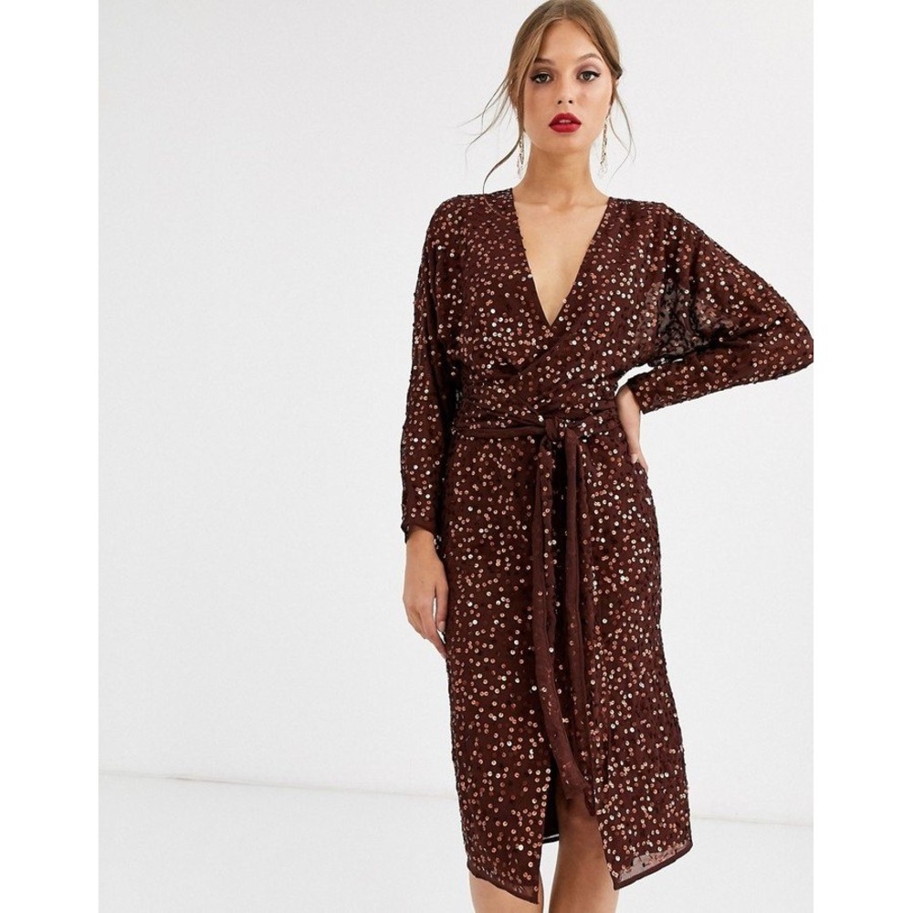 ASOS Burgundy Sequin Midi Dress V-Neck Long Sleeve Tie Waist